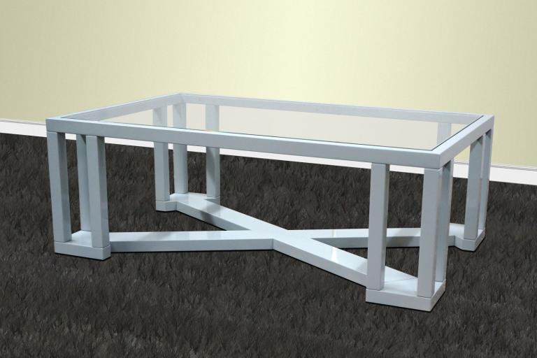 Glastisch mit grau lackiertem Holz-Untergestell